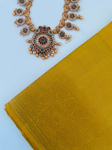 Kanchipuram Tissue Silk Saree | Yellow Gold | Pure Zari | Pure Silk | Handwoven | Ships from California | Pushpam - ShopNaya Exclusive